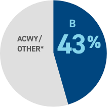 Pie Chart displaying B = 53%; A, C, W, Y other* = 47%